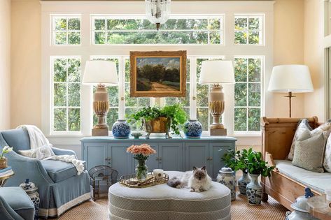 Belle Meade Sunroom | Debbie Mathews Sunroom Furniture, Cottage Decorating, Sunroom Decorating, Primary Suite, Bookcase Styling, Blue White Decor, Blue Cottage, Dos And Don'ts, Henri Rousseau