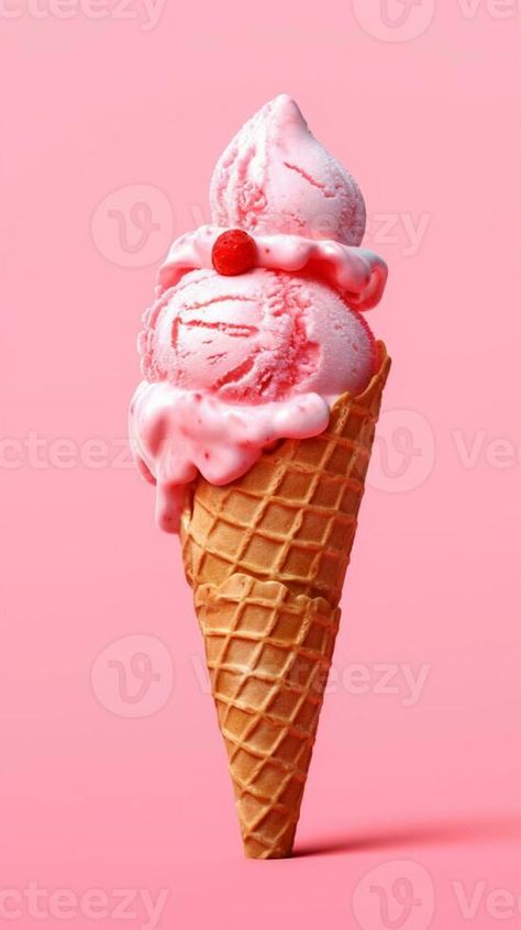 Ice cream cone waffle with strawberry topping background. AI Generated Strawberry Ice Cream Cone, Ice Cream Background, Strawberry Topping, Ice Cream Cup, Strawberry Ice Cream, Ice Cream Cone, The Ice, Waffles, Ice Cream