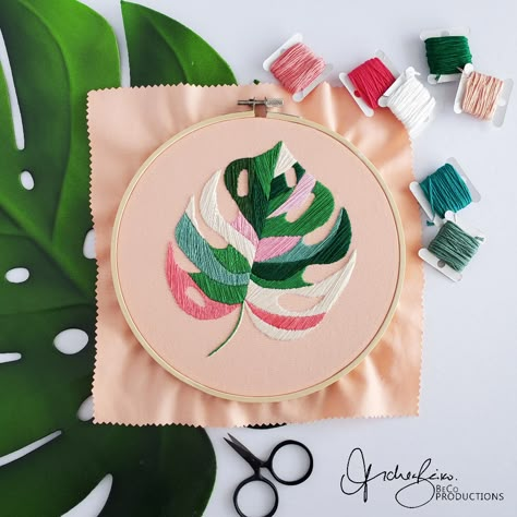 Pink Monstera, Bullion Embroidery, Satin Stitch Embroidery, Variegated Monstera, Last Shot, Flower Art Images, Sewing Embroidery Designs, Embroidery Hoop Art, Plant Lady