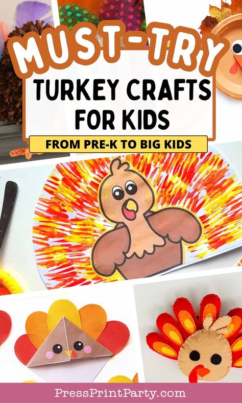 must try turkey crafts for kids Thanksgiving Turkey Crafts For Toddlers, Thanksgiving Craft Kindergarten Easy, Thanksgiving Art Preschool Easy, Tape Resist Turkey, Turkey Art For Kindergarten, Turkey Paperplate Craft, Lunch Bag Turkey Craft, Easy Turkey Crafts For Kindergarten, Apple Turkey Craft For Kids