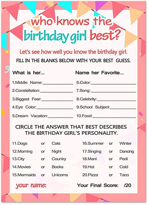 Amazon.com: Who Knows The Birthday Girl Best, Birthday Girl Games - 20 Game Cards: Home & Kitchen 40th Party Games, Decade Birthday Party Ideas, Birthday Brunch Games, Birthday Girl Games, Volleyball Braids, 40th Birthday Party Games, Birthday Trivia, Kids Birthday Party Activities, Girls Birthday Party Games