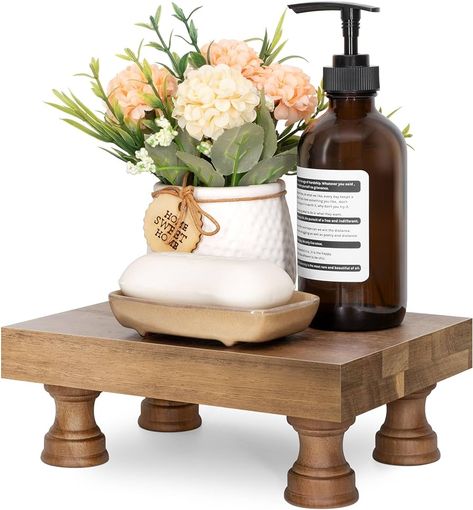 Amazon.com: EOSAHR Farmhouse Riser for Room Decor : Decorative Pedestal Stand For Display Your Home Decorations and Uniquely Soap Stand - Rustic Bathroom Counter Tray and Kitchen Decor (Natural Wood) : EOSAHR: Home & Kitchen Bathroom Countertop Decor Ideas, Candle Office, Wood Tray Decor, Fall Tray Decor, Decorative Pedestal, Bathroom Counter Decor Ideas, Wood Risers, Bathroom Counter Organizer, Tray For Bathroom