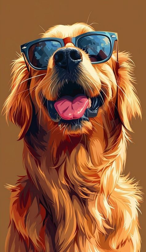 Cartoon Canine Cuteness: Clipart Dogs Dog Lovers Wallpaper, Cute Puppy Art, Happy Dog Art, Puppy Drawings, Happy Golden Retriever, Golden Retriever Wallpaper, Golden Retriever Artwork, Home Decor Printables, Dog With Sunglasses