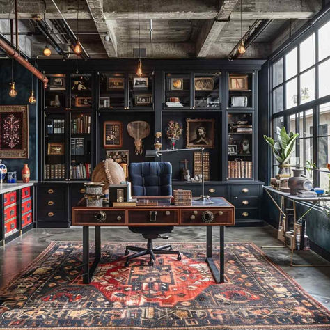 32 Home Office Innovations: Blending Maximalism with Moody Shades Dark Modern Office Design, Black Moody Office, Moody Office Feminine, Timeless Office Design, Home Office Dark Academia, Moody Study Room, Dark Moody Library, Bookcase Colors, Dark Bookcase