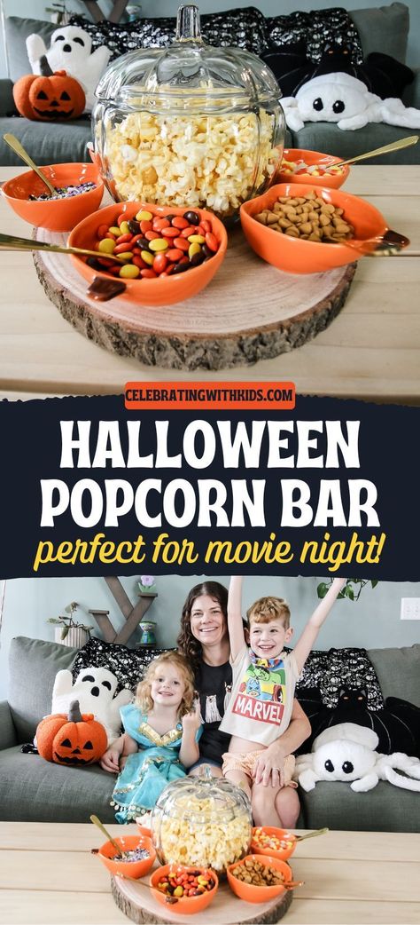 Want to make a fun and easy Halloween treat? Try setting up a Halloween popcorn bar – perfect for movie night, Halloween parties, or just an afternoon snack to celebrate Halloween with kids! Halloween Popcorn Bar Ideas, Halloween Kids Movie Night, Kids Halloween Theme Movie Night, Halloween Popcorn Bar, Kids Halloween Movie Night, Halloween Town Movie Night, Halloween Popcorn Mix Easy, Kid Friendly Halloween Movies, Summerween Outdoor Movie