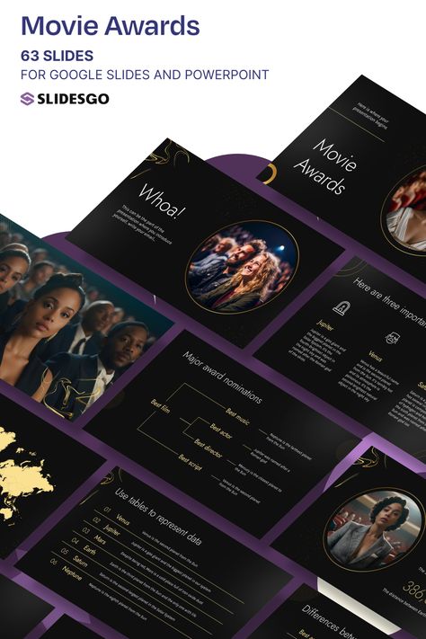 Movie Awards Thesis Presentation, Ppt Template Design, Presentation Layout, Picture Movie, Power Point Template, Movie Awards, Google Slides Themes, Marketing Template, Ppt Template