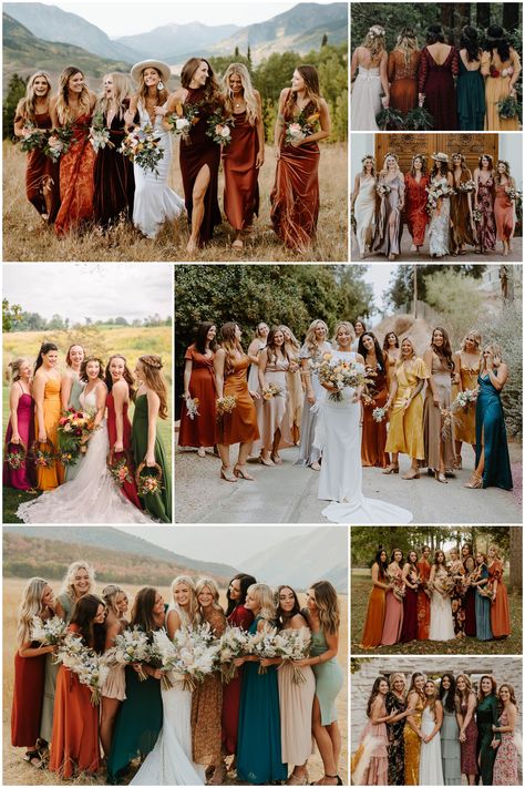 Autumn Mismatched Bridesmaids, Terracotta Wedding Bridesmaid Dresses Mismatched, Fall Bridesmaid Palette, Rust Themed Wedding Bridesmaid Dress, Different Color Fall Bridesmaid Dresses, Teal And Rust Wedding Bridesmaid Dresses, Mixed Bridal Party Dresses, Mismatched Fall Bridesmaids, Fall Bridesmaid Color Scheme