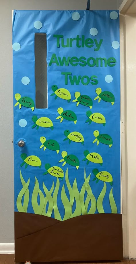 Turtle Classroom Door, Turtley Awesome Bulletin Board, Turtle Door Decorations Classroom, Turtle Classroom Door Ideas, Sea Turtle Door Decorations Classroom, Fish Tank Bulletin Board Ideas, Turtle Bulletin Board Ideas, Turtle Bulletin Board Preschool, Sea Turtle Bulletin Board Ideas