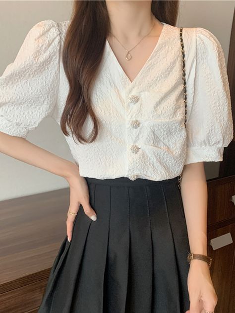 Honeyspot Button Front Puff Sleeve Textured Blouse Puff Sleeve Blouse Korean Outfit, Puff Sleeve Top Outfit Korean, White Puff Sleeve Top Outfit, Puff Sleeve Blouse Outfit, Puff Sleeve Top Outfit, White Puff Sleeve Top, Puff Sleeves Blouse, Puff Blouse, College Wardrobe