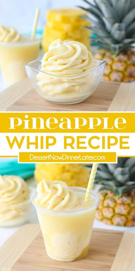 This Pineapple Whip (aka Dole Whip) is a Disney copycat recipe. With only 4 ingredients and a blender, you can make this easy pineapple soft-serve at home! Dole Pineapple Whip Recipe, Peppermint Dip, Pineapple Sorbet Recipe, Pineapple Whip Recipe, Dole Pineapple Whip, Hawaiian Dessert, Tv Snacks, Fruit Whip, Pineapple Soft Serve