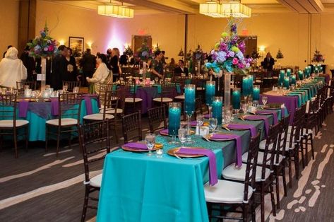 Purple Teal Wedding, Teal And Grey Wedding, Gold Wedding Decorations Receptions, Turquoise Wedding Decorations, Purple Turquoise Wedding, Gold Wedding Reception, Purple Wedding Decorations, Purple And Teal, Orchid Wedding