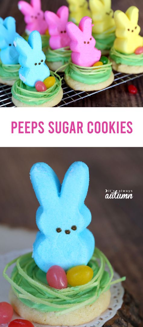 Cute Peeps cookies for Easter! Easy cheater sugar cookie recipe. Peeps Cookies, Peeps Treats, Cookies For Easter, Church Potluck Recipes, Lemon Cake Mix Cookies, Classroom Snacks, Easy Easter Treats, Canned Frosting, Cookie Shop