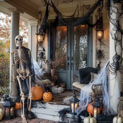 Halloween Porch Decor | 39 Aesthetic Halloween Porch Decor Ideas That Will Get You in the Decorating Mood - The Styled Abode Large Porch Halloween Decor, Scary Front Porch Halloween Ideas Decoration, Farmhouse Halloween Porch Decor, Halloween Gauze Front Porch, Magical Halloween Decorations, Halloween Porch Scary, Decorating Outside For Halloween, Skull Porch Decor, Halloween Porch Skeletons