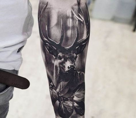 15+ Realistic Deer Tattoo Ideas Deer Cover Up Tattoo, Deer Arm Tattoo, Deer Tattoo Men, Deer Tattoo Design, Realism Animal Tattoo, Deer Hunting Tattoos, Antler Tattoos, Elk Tattoo, Deer Tattoo Designs