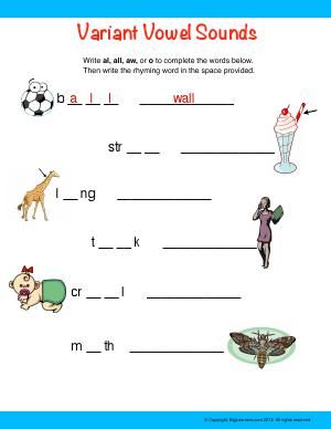 Worksheet | Variant Vowel Sounds (al, all, aw, o) | Write the variant vowels- al, all, aw, or o to complete the words. Then write a rhyming word for each word. Second Grade English, Variant Vowels, Holiday Homework, Phonics Practice, Spelling Patterns, Teachers Aide, Vowel Sounds, English Writing Skills, Rhyming Words