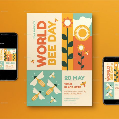 Beige Flat Design World Bee Day Flyer Set Bee Graphic Design, World Bee Day, Bee Day, Beige Flats, Graphic Design Flyer, File Organization, Geometric Graphic, Environmental Graphics, Save The Bees