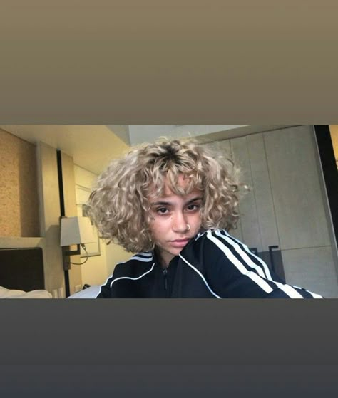 Short Curly Blonde, Black Blonde Curly Hair, Curly Hair Bleached, Black Roots Blonde Hair Curly, Short Curly Bleached Hair, Bleached Bangs Curly Hair, Half Black Half Blonde Hair Curly, Short Blonde Curly Hair, Blonde Natural Hair