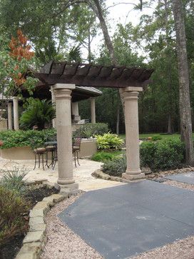 Pergola With Stone Columns, Stone Pergola, Mediterranean Artwork, Cantera Stone, Drought Resistant Landscaping, Julia Morgan, Pea Gravel Patio, Mediterranean Patio, Rustic Outdoor Decor