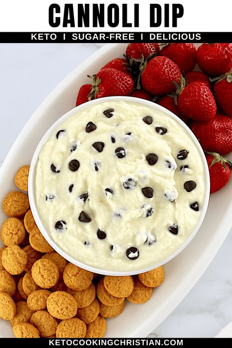 This recipe for Cannoli Dip turns the classic cannoli filling into a smooth and creamy dip that’s perfect for any occasion. Serve it up with fresh berries or low carb cookies for a delicious last-minute dessert your guests will love. Cannoli Dip Recipe, Ricotta Dessert, Easy Fruit Dip, Cannoli Dip, Cannoli Filling, Cannoli Recipe, Low Carb Casseroles, Low Carb Sweeteners, Sweet Dips