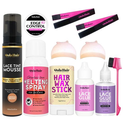 PRICES MAY VARY. Dolahair wig kit for lace front wigs complete set includes: 1x medium brown lace tint mousse, 1x lace melting spray, 1x wig glue, 1x glue remover, 1x30g hair wax stick, 1x 30g edge control, 1xedge brush, 2xHD wig caps, 2x lace melting bands Tint your lace & define your baby hairs: You’ll never have to apply makeup to your lace ever again! Dolahair Hide Out Lace Tint Mousse makes it easy to achieve a natural-looking install by making it look as if your lace wig is growing out of Lace Front Wig Tools, Wig Supplies, Wig Essentials, The Best Edge Control, Wig Kit, Best Edge Control, Wig Installation, Lace Glue, Hair Wax Stick