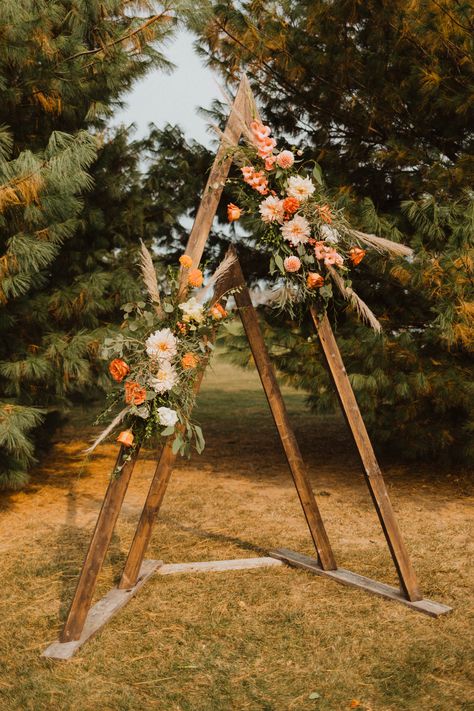 Wedding Arches Outdoors Triangle, Wedding Arch A Frame, Decorating A Triangle Wedding Arch, Wedding Arbor Ideas Triangle, A Frame Arbor Wedding, Wedding Arches Triangle, Triangle Archway Wedding, Farm Wedding Arbor, A Frame Backdrop