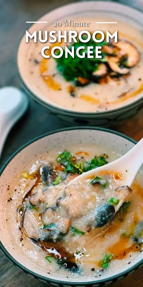 Mushroom Congee Recipe, Vegetarian Congee Recipe, Rice With Egg Recipes, Vegetarian Congee, Mushroom Porridge, Vegan Congee, Mushroom Congee, Chinese Porridge, Congee Recipes