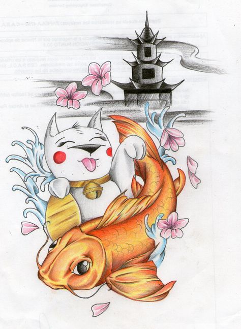 Maneki neko, lucky cat, koi fish Lucky Cat And Koi Fish Tattoo, Cat And Koi Fish, Cat With Fish, Pig Tattoo, Koi Fish Tattoo, Fish Tattoo, Maneki Neko, Lucky Cat, Koi Fish