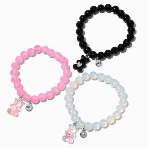 Celebrate your friendships with this fun bracelet set. The set includes three stretch beaded bracelets in pink, black, and iridescent, and each bracelet features a cute teddy bear charm and silver-tone "BFF" dangle. Keep one for yourself and share the other two with your besties.Pack Size: 3Fit: StretchMaterial: Plastic, Metal - Claire's Best Friends Teddy Bear Beaded Stretch Bracelets - 3 Pack Letter Bracelet Beads, Stretch Beaded Bracelets, Bracelets For Girls, Diy Best Friend Gifts, Bff Jewelry, Bff Bracelets, Best Friend Bracelets, Sister Bracelet, Fun Bracelet