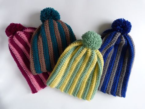 Crochet Spot » Blog Archive » Free Crochet Pattern: Easy Striped Hat (3 Sizes) - Crochet Patterns, Tutorials and News Striped Crochet Hat Pattern Free, Crochet Stripe Hat, Crochet Striped Hat, Crochet Striped Beanies, Crochet Vertical Stripe Beanie, Striped Beanie Hat One Size, Ribbed Crochet, Crochet Ornament Patterns, Easy Crochet Patterns Free