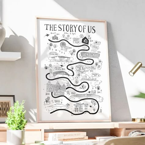 Introducing our breathtakingly bespoke "The Story of Us" custom illustration, a timeless masterpiece tailored for couples who've woven their lives into a tapestry of shared adventures and cherished memories. Whether it's a milestone birthday, a heartwarming anniversary celebration, or a radiant wedding gift, this personalised artwork is designed to capture the essence of your unique journey as a couple, etching your story into the annals of time. Get your unique love story transformed into yo... The Story Of Us Wedding, Custom Couple Gifts, Cute Couple Projects, Map Of Us Couple, Cute Wedding Gifts For Couple, Couple Anniversary Ideas, Couple Poster Design, Story Of Us Wedding, Memories Illustration