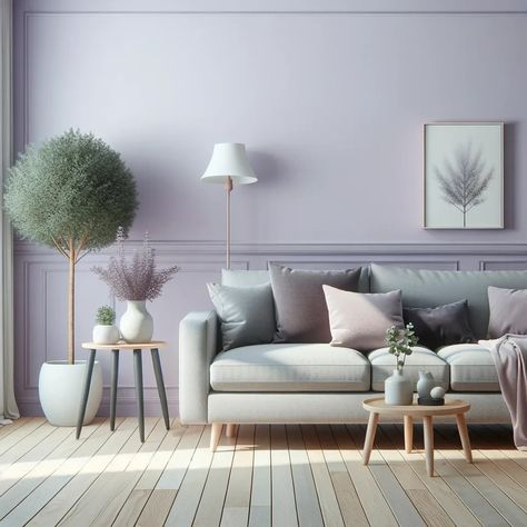 gray couch with lavender walls Purple Living Room Color Scheme, Lavender Walls Living Room, Grey And Lavender Living Room, Light Purple Living Room, Lilac Living Room, Lavender Living Room, Bedroom Interior Colour, Light Purple Walls, Plum Walls