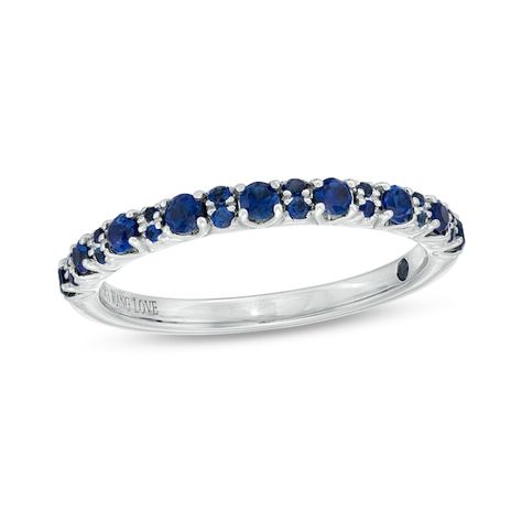 Make an unexpected choice when you pair this blue sapphire anniversary band from the Vera Wang Love Collection with your bridal jewellery. Created in 14K white gold Bright blue sapphires line this classic style in eye-catching colour. Set into the shank is a blue sapphire - the signature of the collection and a symbol of faithfulness and everlasting love. Vera Wang is exclusively ours. Sapphire Anniversary Band, Sapphire Anniversary, Colour Set, Pearl Strands Necklace, Gold Book, Peoples Jewellers, Everlasting Love, Pearl Strands, Freshwater Cultured Pearls