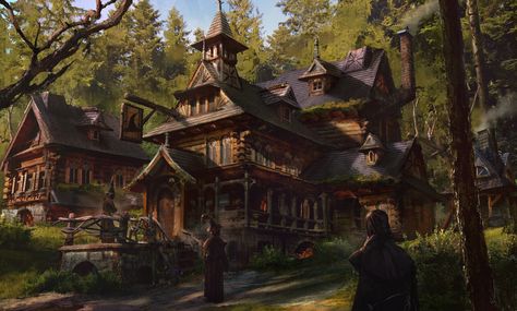 The Witch's Inn, Eddie Mendoza on ArtStation at https://www.artstation.com/artwork/Ka9me4 Fantasy Inn, Water Temple, Fantasy Town, Fantasy Stuff, 다크 판타지, Fantasy House, Fantasy City, Fantasy Setting, Fantasy Places