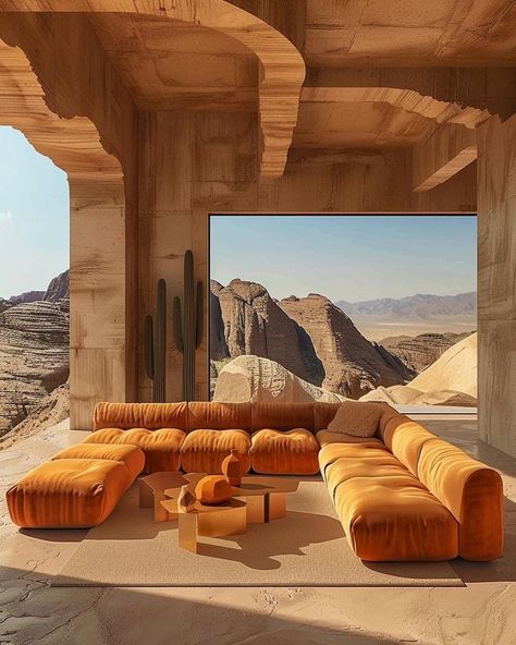 A dreamy living room set with modular cushioned furniture stands out amidst the vast, serene desert, blending comfort with the stark beauty of the arid landscape. Desert Room Aesthetic, Desert Furniture, Desert Room, Arid Landscape, Desert Retreat, Dreamy Living Room, Fantasy Rooms, Aesthetic Ideas, Living Room Set