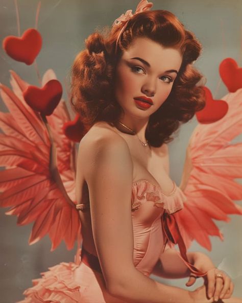 Vintage Cupid Costume, Cupid Burlesque, Vintage Vampire Art, Showgirl Art, Vintage Women Illustration, Valentines Day Photoshoot Ideas Women, Pin Up Poses Reference, Vintage Pin Up Photography, Vintage Aesthetic 50s