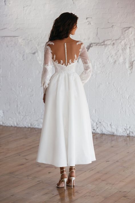 Wedding Dress For Short Women, Ankle Length Wedding Dress, Bell Sleeve Wedding Dress, Wedding Dresses 50s, Short Lace Wedding Dress, Long Sleeve Bridal Gown, Beach Bridal Gown, Buy Wedding Dress, Tea Length Wedding Dress