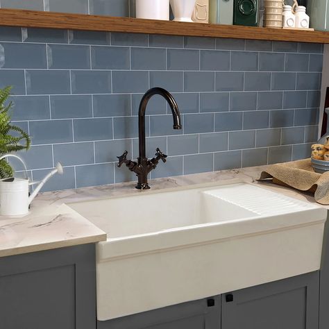 Farmhouse Sink With Drainboard, Country Sink, Drift Of Mist, Sink With Drainboard, Adu Ideas, Above Kitchen Sink, Oval Room Blue, Drainboard Sink, Ranch Kitchen