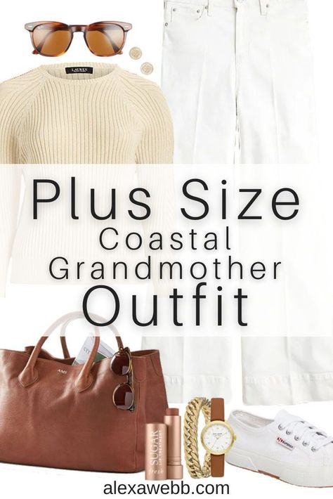 Plus Size Coastal Grandmother Trend - Outfit 4 with a plus size linen blend sweater and white wide leg jeans by Alexa Webb Coastal Grandmother Plus Size Outfits, White Wide Leg Pants Outfit Plus Size, White Linen Pants Outfit Plus Size, White Pants Plus Size Outfits, Plus Size Trends For 2023, Coastal Grandma Outfits Plus Size, Coastal Grandmother Plus Size, Plus Size Coastal Grandmother Outfits, Coastal Grandmother Aesthetic Outfits Plus Size