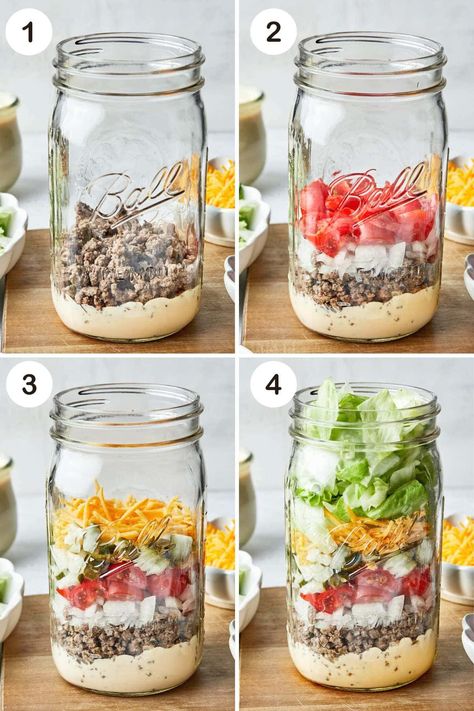 Mason Salad Jars, Mason Jar Prep Meals, Big Mac Salad In A Jar, Salad Meal Prep Mason Jar, High Protein Mason Jar Meals, Big Mac Mason Jar Salad, Salad In A Mason Jar Recipe, Salad Mason Jar Recipes, Meal Prep Salad In A Jar