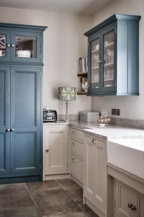 Blue and Gray Country Kitchen Blue Farmhouse Kitchen, Country Kitchen Colors, Blue Farmhouse, Refacing Kitchen Cabinets, Blue Kitchen Cabinets, New Kitchen Cabinets, Country Blue, Farmhouse Style Kitchen, Modern Farmhouse Kitchens