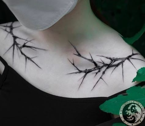 Dark Elf Tattoo, Thorn Neck Tattoo, Thorn Tattoo, Clavicle Tattoo, Emo Tattoos, Creepy Tattoos, Collar Bone Tattoo, Hand Tattoos For Guys, Dark Tattoo