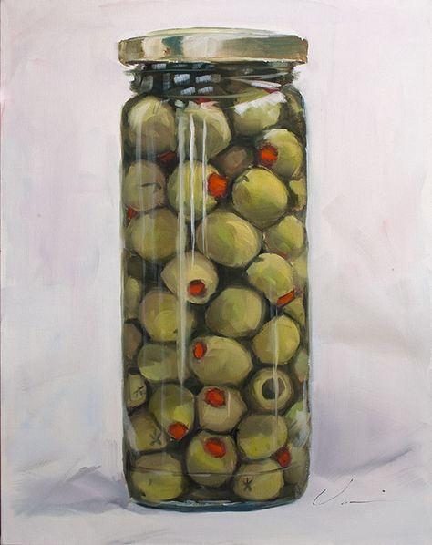 Jar Of Olives, Olives Painting, Olive Painting, Olive Jar, Clear Glass Jars, Food Painting, Painted Jars, Daily Painting, Fruit Art