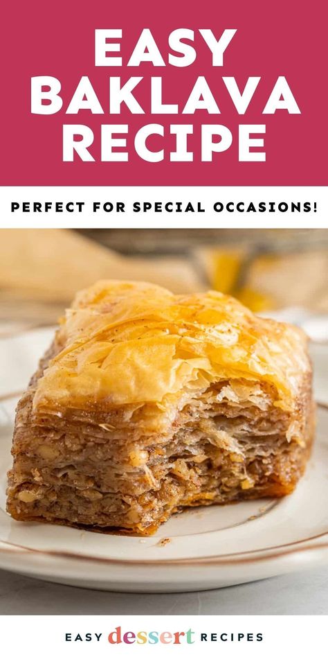 This Easy Baklava is a delicious, flaky dessert with layers of buttery phyllo dough and a sweet nut filling. A simple and satisfying dessert that’s sure to impress! Pop over to my site for this easy dessert recipe! Baklava Dough Recipe, Easy Baklava Recipe Phyllo Dough, Easy Baklava Recipe Simple, Phyllo Dough Recipes Savory, Philo Dough Deserts, Filo Dough Recipes Desserts, Easy Phyllo Dough Recipes, Baklava Filling, Phyllo Dough Recipes Dessert