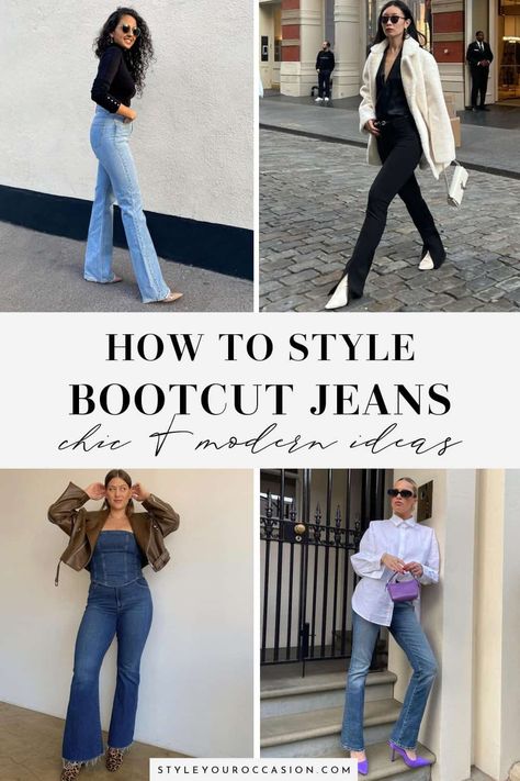 2023 Bootcut Jeans Outfit, Bootleg Jeans Outfit Summer, Bootcut Jeans And Heels Outfit, Flair Jeans With Boots, Cuffed Bootcut Jeans Outfit, Boot Cut Black Jeans Outfit, Denim Bootcut Jeans Outfit, Fall Outfits With Bootcut Jeans, Style Bootcut Jeans Outfit Ideas