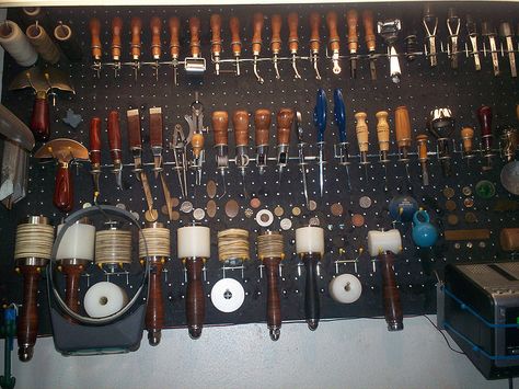 Tool bench | A small sample of the many tools the man has co… | Flickr Leather Workshop Ideas, Garage Workshop Organization, Tool Bench, Leather Working Tools, Sewing Room Organization, Leather Craft Tools, Workshop Ideas, Workshop Organization, Leather Bench