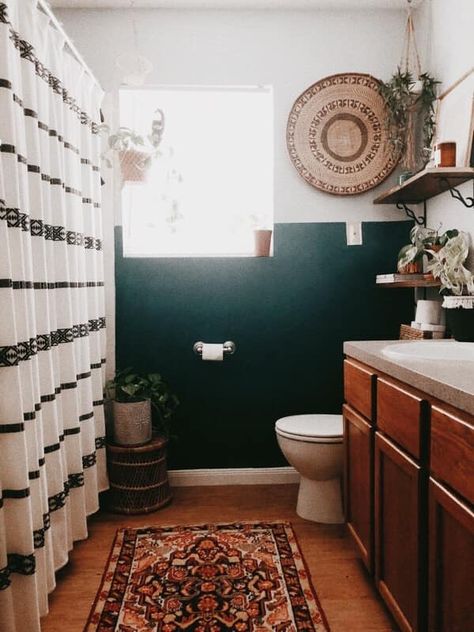 Boho Witch Bathroom, Bathroom Ideas Western Boho, Colorful Bathrooms Boho, Moody Bathroom Rental, Small Boho Half Bath, Boho Black Bathroom Decor, Boho Mid Century Bathroom, Dark Boho Bathroom Decor, Masculine Boho Bathroom