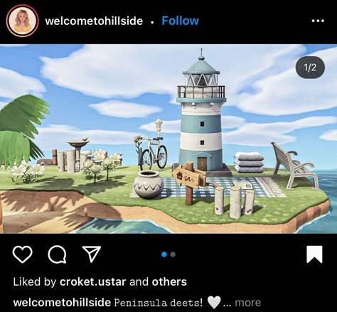 Acnh Lighthouse Peninsula, Acnh New England Town, Animal Crossing Seaside Town, Animal Crossing Yacht Ideas, Beach Town Animal Crossing, Acnh Peninsula Ideas Lighthouse, Acnh Lighthouse Area, Acnh Coastal Ideas, Acnh Yacht Ideas