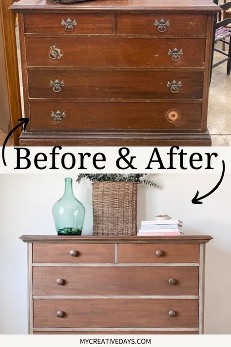 Turn an old dresser into a stylish modern piece with our DIY Pottery Barn dresser makeover! This project shows you how to achieve that classic DIY Pottery Barn finish, perfect for any skill level—whether you're new to upcycled home décor or an expert in DIY furniture makeovers. It's an easy way to add a trendy touch to your home! Vintage Dresser Restoration, Diy Painting Dresser, Tall Dresser Makeover Diy Repurposing, Dresser Flips Before After, Wooden Dresser Makeover, Pottery Barn Dresser, Refinished Dresser Diy, Modern Dresser Makeover, Refurbished Dresser