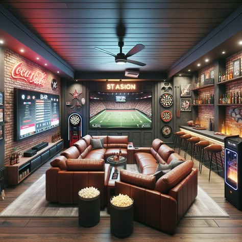 Visualize the perfect man cave, complete with a large flat-screen TV, a plush leather sofa, and a stocked bar. Other features include a pool table, dart board, arcade games, a popcorn machine, and loads of sports memorabilia. This space is the ultimate relaxation haven. 

#ManCave #HomeBar #ArcadeGames #PoolTable #SportsMemorabilia #EntertainmentRoom Sports Basement Ideas, Man Cave Tv Wall, Arcade Setup, Sports Memorabilia Room, Garage Bar Ideas, Classy Man Cave, Home Theater Basement, Football Man Cave, Fresh Popcorn