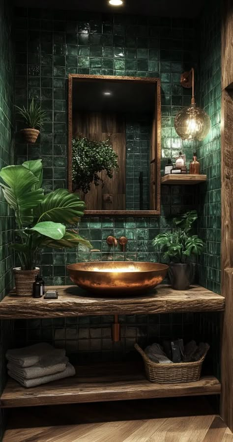 70s-inspired bathroom with bold wallpaper and a freestanding copper bathtub Restaurant Toilet Design Ideas, Toilet Restaurant Design, Restaurant Toilet Design, Blue Green Bathroom, Baie Vintage, Dark Green Bathrooms, Green Bathroom Decor, Green Tile Bathroom, Bathroom Design Inspiration